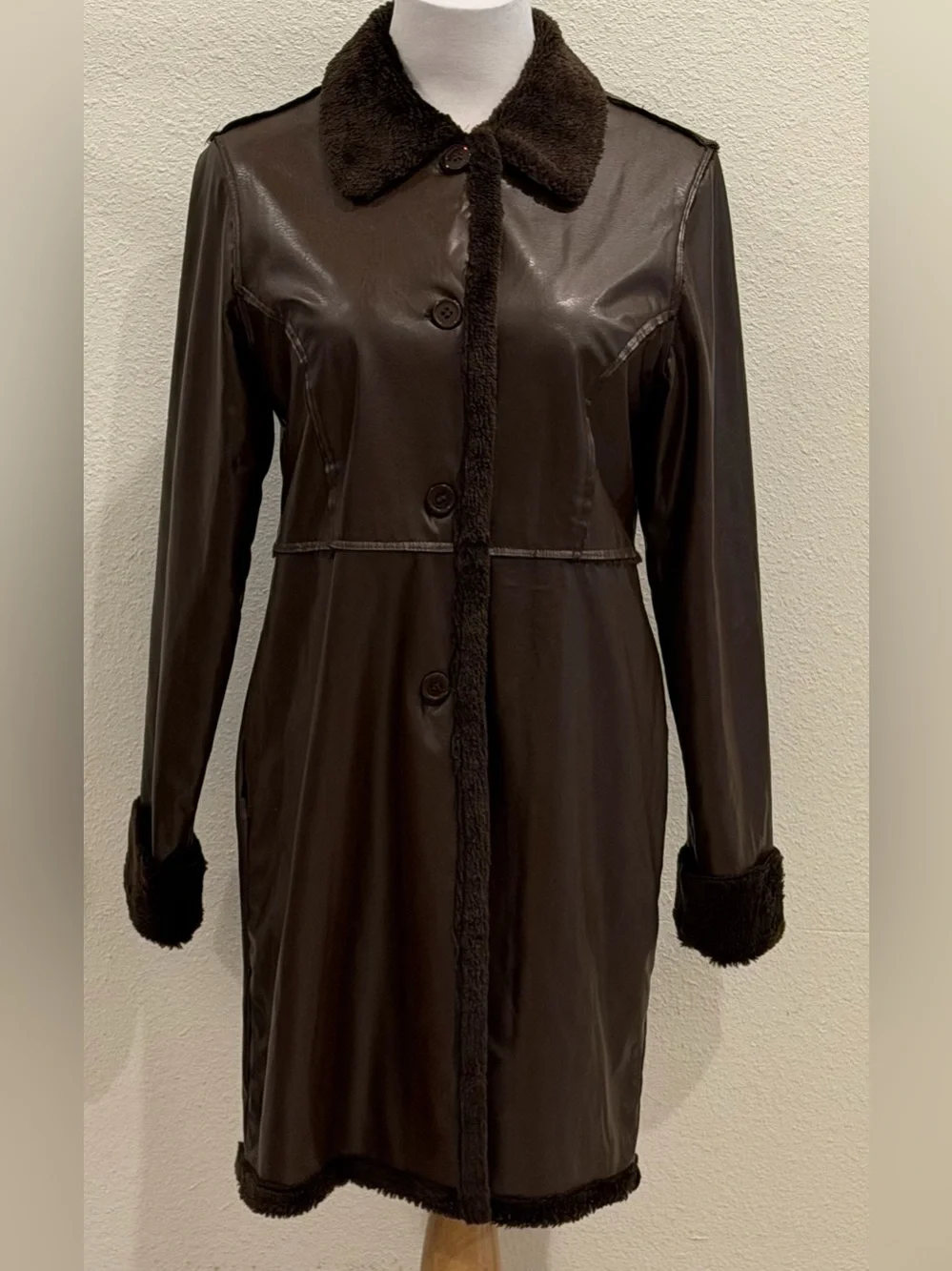 Outer Edge Y2K Brown Faux Leather Faux Fur Trim Trench Coat Large Jacket Grunge